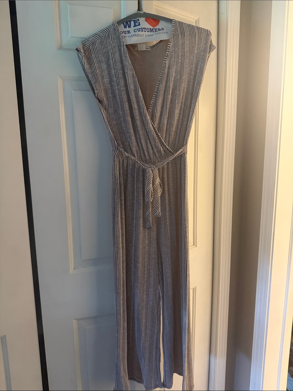 Caution To The Wind Striped V-Neck Tie-Waist Jumpsuit - Gray